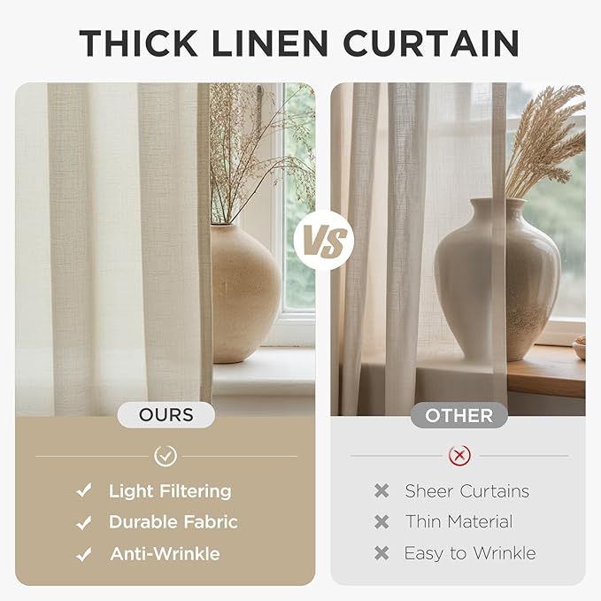 Joydeco Linen Curtains for Living Room,Light Filtering Rod Pocket Back Tab Semi Sheer Drapes Window Long Curtains 90 inches Long Ivory