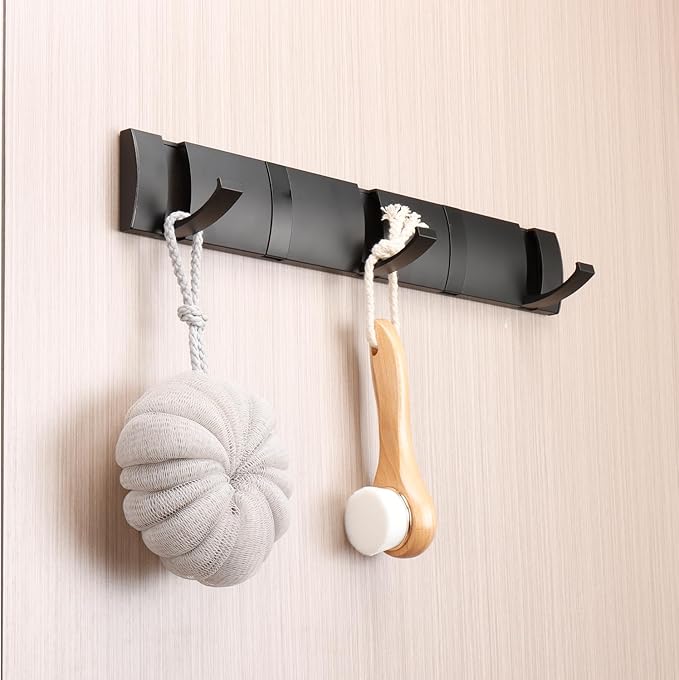 Folding Coat Hooks, Wall Mounted Coat Rack with 5 Retractable Hooks, Heavy Duty Towel Rack for Bathroom Wall Hook for Hanging Clothes Bathrobe, Stainless Steel Coat Hanger for Entryway(Black)