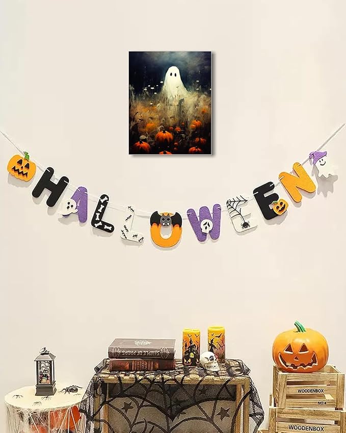 Halloween Canvas Wall Art, Spooky Ghost in Pumpkin Patch Poster, Vintage Gothic Fall Decor, Dark Academia Fall Decor for Living Room, Framed Indoor Halloween Decorations
