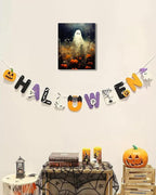 Halloween Canvas Wall Art, Spooky Ghost in Pumpkin Patch Poster, Vintage Gothic Fall Decor, Dark Academia Fall Decor for Living Room, Framed Indoor Halloween Decorations