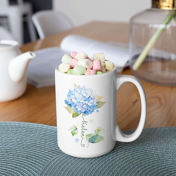 Custom Hydrangea Blossom Design Mug, Personalized Name Blue Flower Coffee Cup, Customized Flower Ceramic Mug For Floral Lover, Hydrangea Decorative Cup 11oz Or 15oz, Gift For Birthday