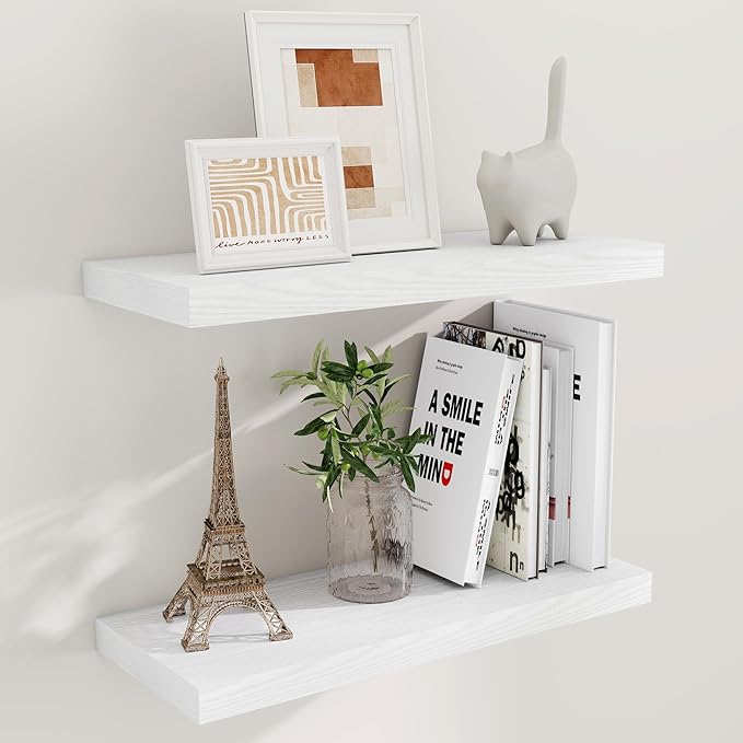 24 Inch Floating Shelves, Rustic 24 x 9 White Floating Shelf for Wall, White Bathroom Shelves Set of 2, Farmhouse Wood Wall Shelf for Bedroom, Kitchen, 9 Inch Deep Shelves for Home Storage