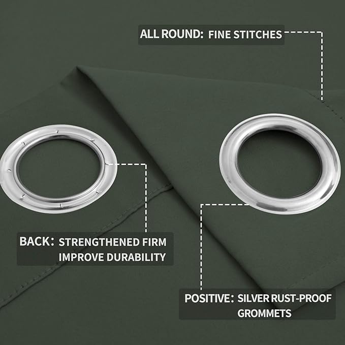 Easy-Going Blackout Curtains for Bedroom, Solid Thermal Insulated Grommet and Noise Reduction Window Drapes, Room Darkening Curtains for Living Room, 2 Panels (52x46 in,Greyish Green)