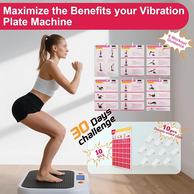 Vibration Plate Exercise Machine Poster - Upgraded 6 Workout Guidance & 10 Pcs Planner & 10 Pcs Double-Sided Clips, Comprehensive Whole Body Wave Vibrating Workout Chart, Pink
