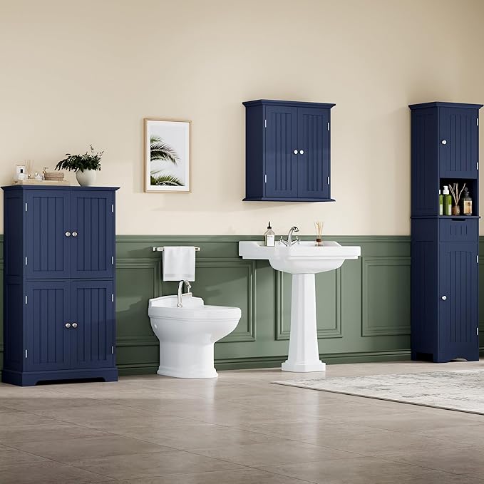 ChooChoo Bathroom Floor Cabinet, Modern Bathroom Storage Cabinet with 4 Doors and Adjustable Shelves, Freestanding Cupboard for Living Room, Navy Blue