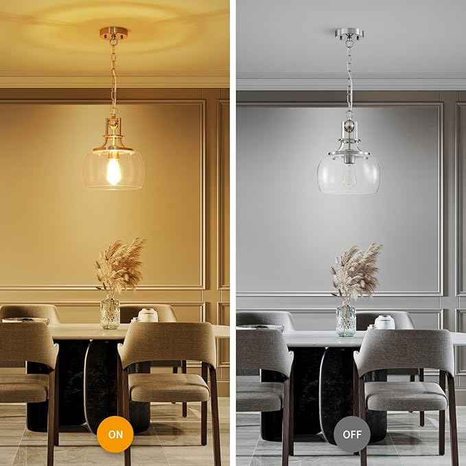 WUZUPS Chandelier Rustic Farmhouse Industrial Round Ceiling Pendant LED Light Fixture with Clear Glass Shades for Dining Room Kitchen Island Foyer Entryway, H 13" x W 10", E26 Base, Brushed Nickel