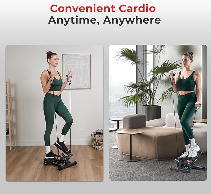 Sunny Health & Fitness Mini Stepper for Exercise at Home, Stair Step Workout Machine with Resistance Band and Over 300lb Weight Capacity, Optional Twist Motion and Free SunnyFit App Connection