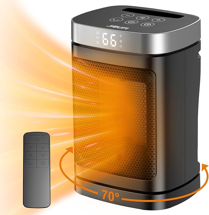 Small Portable Space Heater for Indoor Use - with 70°Rotating Feature, JIBUFI 1500W PTC Electric Heater, Rapid and Safe Heating, Remote Control, 1-12 Hr Timer for Bedroom, Office