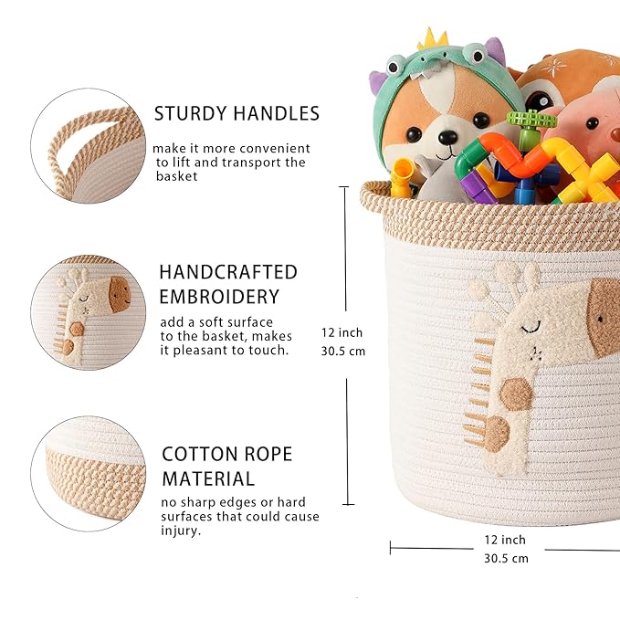 INough Toy Storage Baskets Woven Cotton Rope Storage Basket for Kids, Blanket Baskets for Living Room Toys Organizer with Embroidery Decor, Cute Baskets with Handle for Nursery, Playroom (Giraffe)