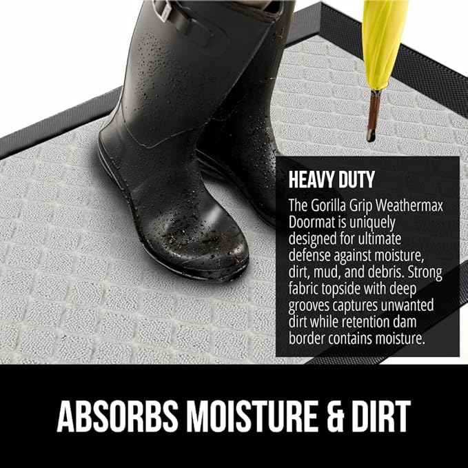 GORILLA GRIP 100% Waterproof All-Season WeatherMax Doormat US Designed Natural Rubber, Stain and Fade Resistant, Low Profile Indoor Outdoor Door Mats, Easy Clean Patio Mat, 23x35, Light Gray