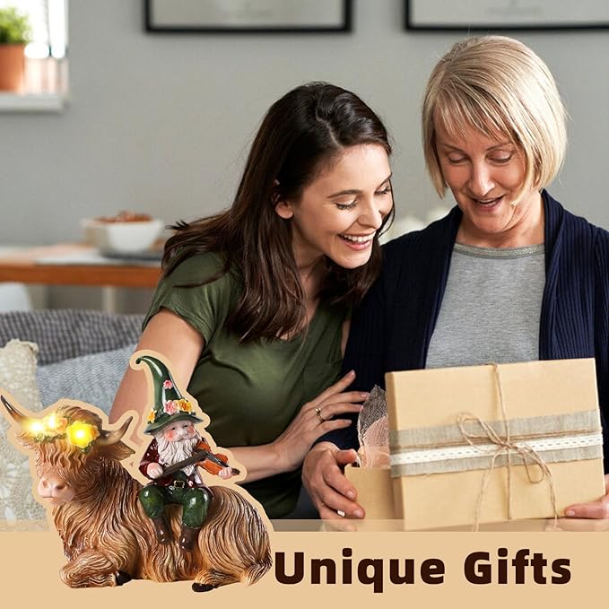 Solar Highland Cow Figurines for Garden with Gnome Playing The Violin 6.7" Resin Garden Gnomes Outdoor Patio Yard Lawn Porch Decor Birthday Housewarming Gifts for Women Mom Grandma Wife Sister Friend