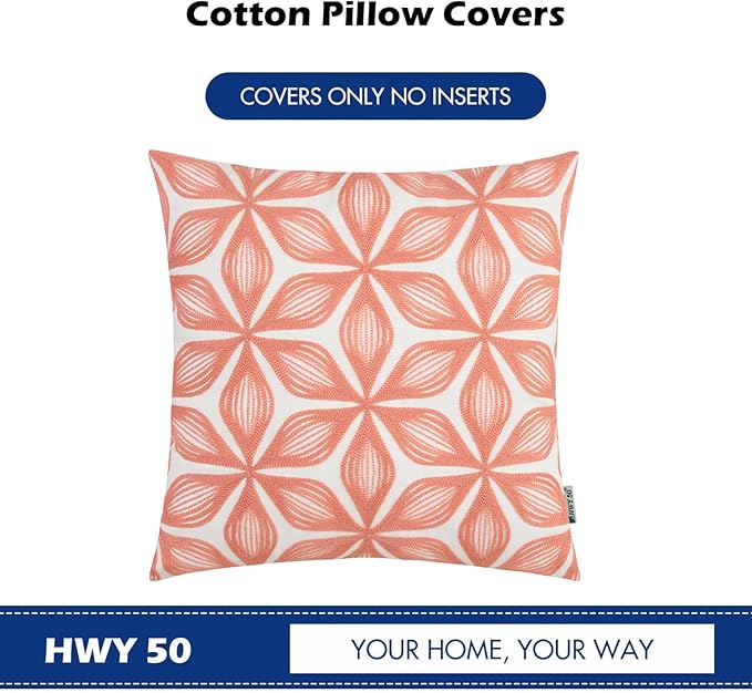 HWY 50 Coral Pink Decorative Throw Pillow Covers 18x18 Inch (1 Piece), Embroidered Cotton Farmhouse Cushion Cover Pillow Case for Sofa Couch Living Room Bed, Fashion Geometric