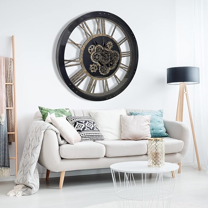 DORBOKER 36" Extra Large Wall Clock with Moving Gears, Oversized Giant Industrial Steampunk Rustic Clocks for Wall Decor Living Room Home Office, Solid Wood Vintage Black and Bronze Gears