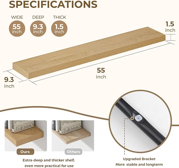 Dreamland 55 Inches Floating Shelves for Wall, 9.3" Deep Long Floating Shelves Set of 1, Large Display & Storage Shelf, Wall Shelf for Bathroom Bedroom Living Room Kitchen Office, Oak