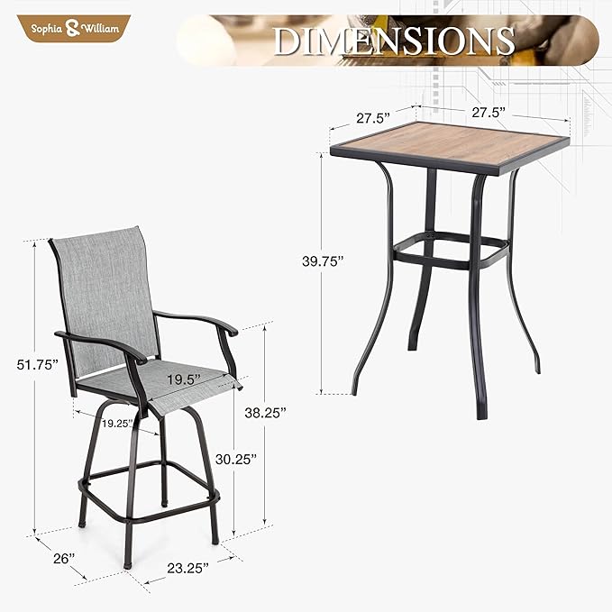 Sophia & William Outdoor Bar Set, Patio Bar Table and Chairs Set, Bar Height Patio Set - 2 x Swivel Bar Chairs(Grey), 1 x Square Bar Table(Wood-Like)