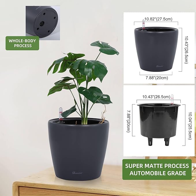 Dexceder 11x10 Inches Self Watering Planter Indoor Outdoor, Inner Pot Design, Thickened Table Flower Plant Pot with Water Level Indicator (Slate Gray Matte)