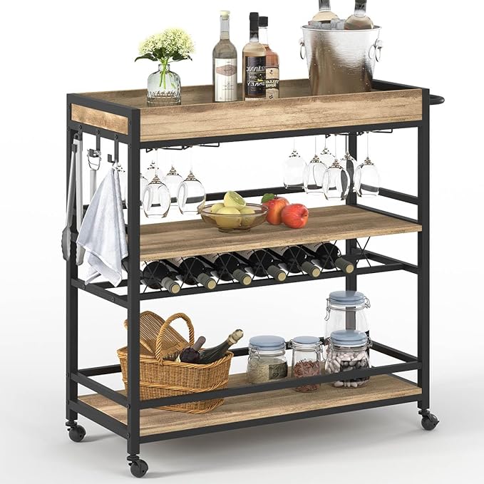 BON AUGURE Bar Cart for The Home, Bar Serving Carts on Wheels, 3 Tier Storage Drink Trolley, Rolling Wood and Metal Liquor Beverage Cart (Vintage Oak)