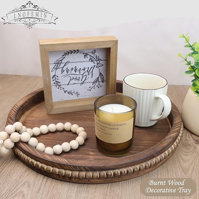 Round Burnt Wood Serving Tray with Beads, Wooden Decorative Tray for Entertaining, Decoration, and Gifting,