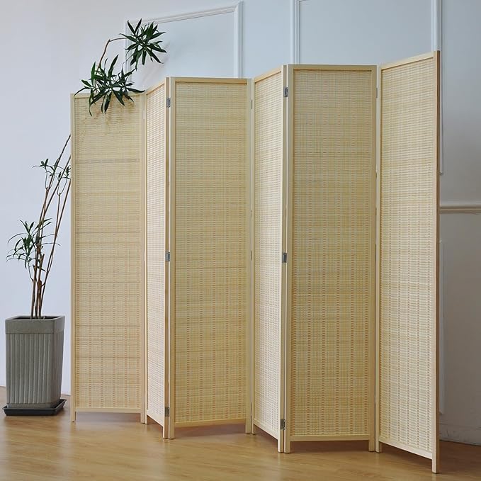 6 Panel Folding Room Divider Screen, Bamboo, for Separation, Beige, 67" H x 92.1" W