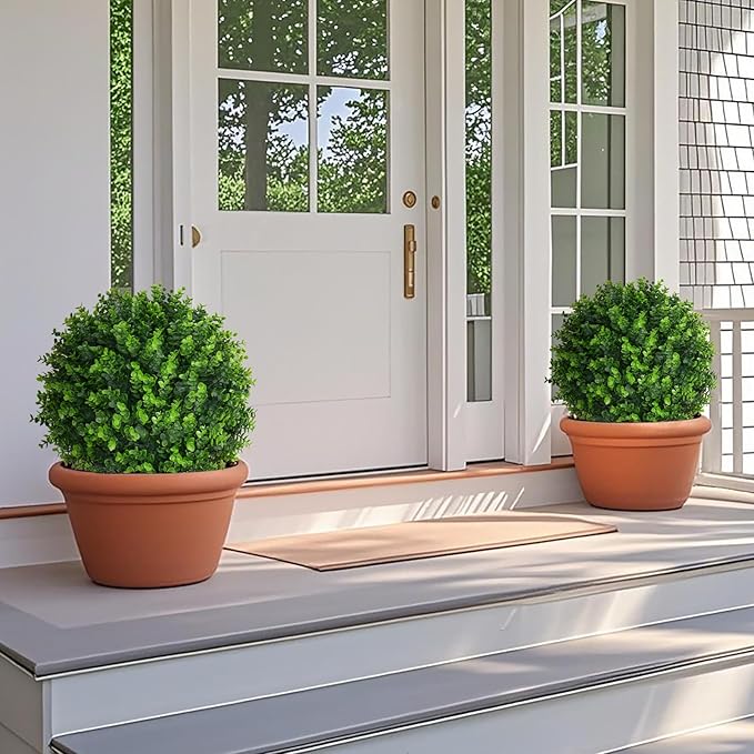 Artificial Topiary Tree with Eucalyptus, Set of 2 Artificial Shrub Bushes with Ground Spike, Fake Evergreen Tree for Porch, Artificial Plants for Outdoor Planters Indoor UV Resistant