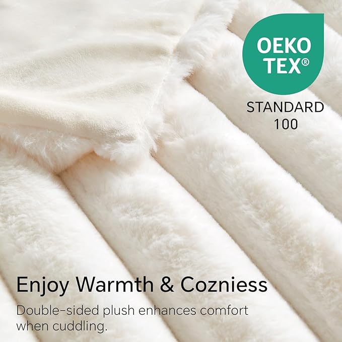 BEDELITE Faux Fur Throw Blanket for Couch, Soft and Cozy Luxurious 3D Striped Fluffy Blanket, 770GSM Thick Warm Plush Fuzzy Faux Rabbit Fur Blanket for Women Gift (Cream, 60"x 80")