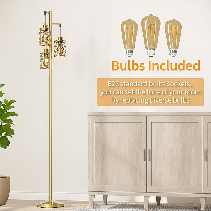 Oneach 70" Industrial Floor Lamp, Stepless Dimmable Standing Lamp with 3 Bulbs, Farmhouse Corner Standing Tree Lamp for Living Room, Tall Lamps for Bedroom, Office, Study Room, Dining Room, Gold