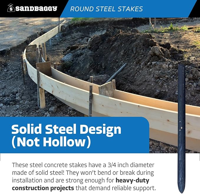 Sandbaggy Round Steel Concrete Form Stakes with Nail Holes - Rust Resistant Coating - Removable, Reusable (5, 3/4 in X 12 in)