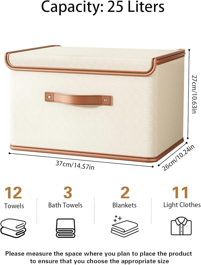 Tuza 2 Pack Storage Bins with Lids, Collapsible Closet Organizer Container, Fabric Organizer Box with Handles, Decorative Storage Boxes with Lids for Organizing Clothes, Books, File, White, Medium