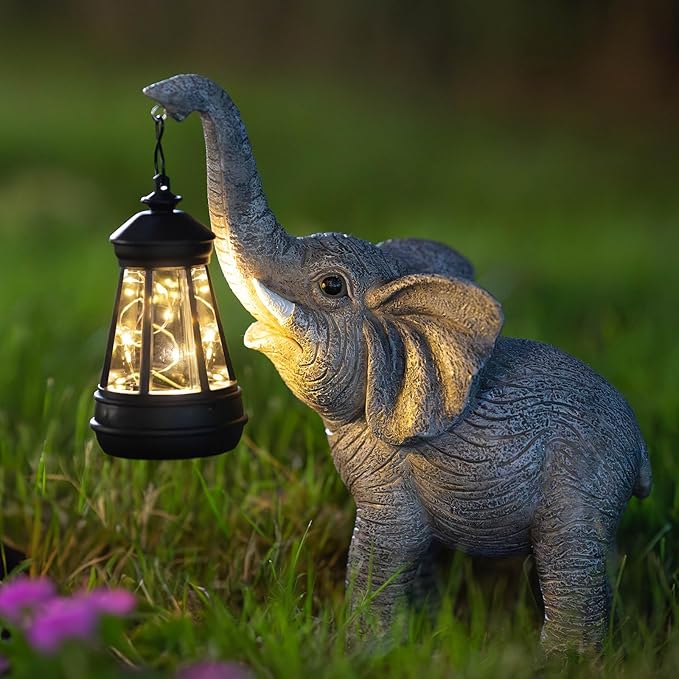 Solar Garden Statue Lights Elephants Figurine with Solar Lantern, Outdoor Yard Decorations for Patio Porch Home, Christmas Elephant Gifts for Women - Unique Housewarming Gifts