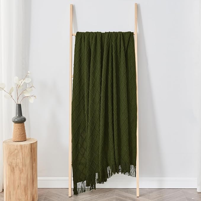 inhand Knitted Throw Blankets for Couch and Bed, Soft Cozy Knit Blanket with Tassel, Dark Green Lightweight Decorative Blankets and Throws, Farmhouse Warm Woven Blanket for Men and Women, 50"x60"