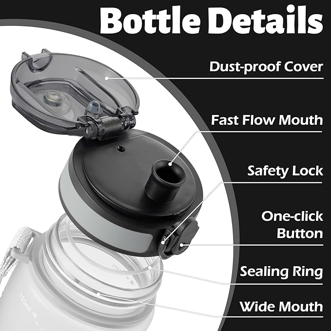 OLDLEY 25 oz Water Bottle, Motivational Water Bottle with Time Marker, Sports Water Bottle With Strap, Leakproof & BPA Free Large Water Bottles for School, Gym, Travel, Outdoor, Tritan,White&Black
