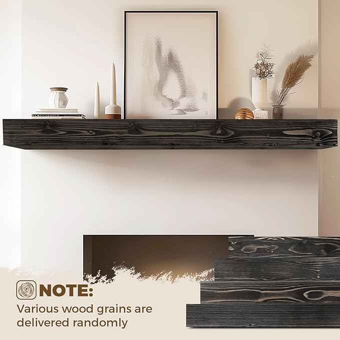 72x8x5 Fireplace Mantel - Handcrafted Hollow Rustic Solid Wood Wall Mounted Floating Shelf with Invisible Heavy Duty Wood Bracket (Weathered Black)