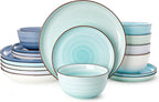 Sweese Plates and Bowls Sets, 18 Piece Dinnerware Set Porcelain Round Dinner Set for 6, Scratch Resistant Dishes Set, Dishwasher and Oven Microwave Safe Handpainted Swirl Dishware Sets, Assorted Blue