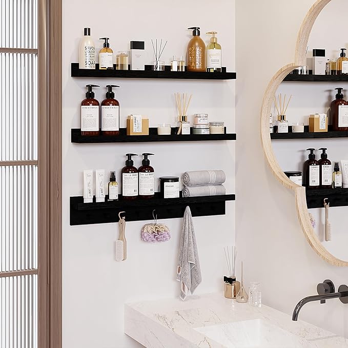 MBYD Floating Shelves for Wall, Nursery Floating Bookshelf for Kids Room, Black Wall Mount Book Shelves with Hooks for Living Room Bedroom Bathroom, 36 Inch Picture Ledge Kitchen Spice Rack Set of 3