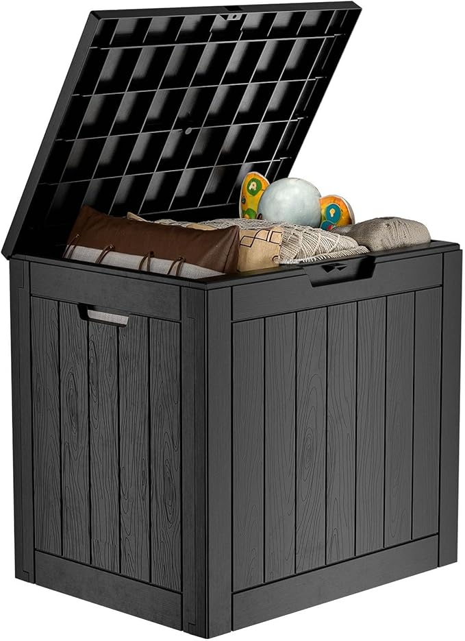 30 Gallon Resin Deck Box,Lockable Outdoor Storage Box for Patio Cushions Storage Furniture,Garden Tools,Pool Supplies, Weatherproof and UV Resistant- Black