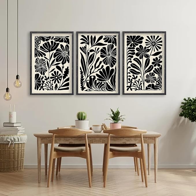 Abstract Floral Botanical Wall Art 16x24 Inch 3 Piece Black Vintage Boho Plant Flower Minimalist Wood Frame Sign Home Living Room Family Office Mid Century Print Wall Hanging Decor (Black)