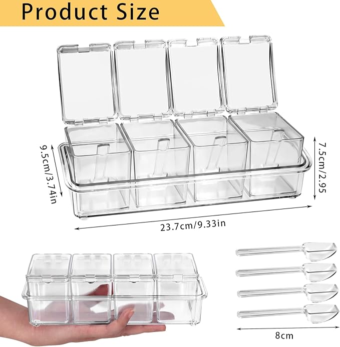 4-Cell Clear Seasoning Rack Spice Box, Storage Container Condiment Jars Acrylic Seasoning Box with Cover and Spoon (Basic Clear)