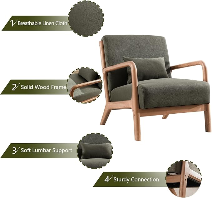INZOY Mid Century Modern Accent Chair with Wood Frame, Upholstered Living Room Chairs with Waist Cushion, Reading Armchair for Bedroom Sunroom (Green)