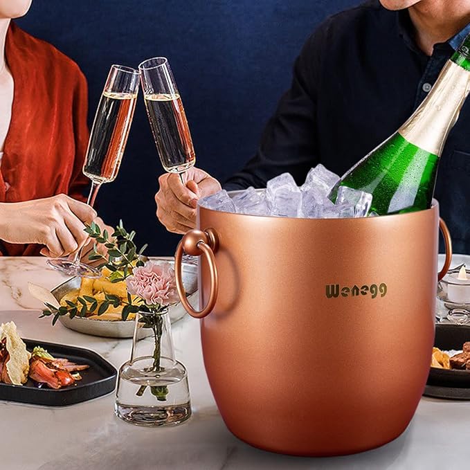 Ice Bucket with Lid, Scoop, Tongs and Strainer - Well Made Insulated Stainless Steel Keep Ice Frozen Longer - Ideal for Cocktail Bar, Parties, Chilling Wine, Champagne - 3 Liter (Copper)