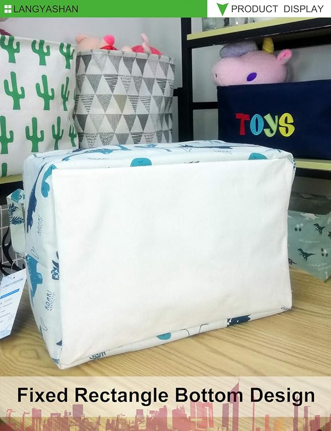 LANGYASHAN Rectangular Storage Bin Collapse Canvas Fabric Cartoon Storage Basket with Handles for Organizing Home Kitchen Boys and Girls Toys Office Closet Shelf Baskets (Rec green dinosaur)