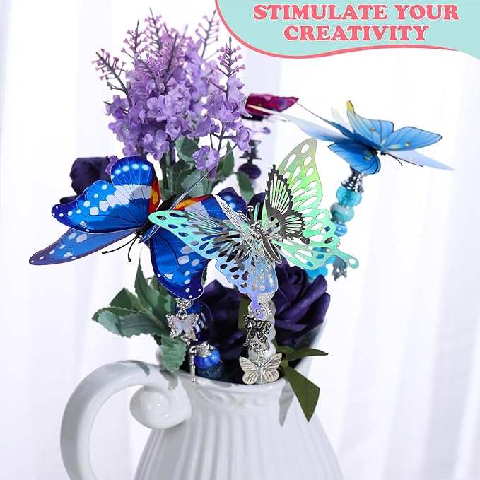 380pcs Beaded Garden Stake, DIY Butterfly Fairy Wand Garden Stake Kit with 10IN Threaded Rod Crystal Stopper Top Large Holes Beads Butterfly Decoration Pendants Outdoor Fairy Garden kit