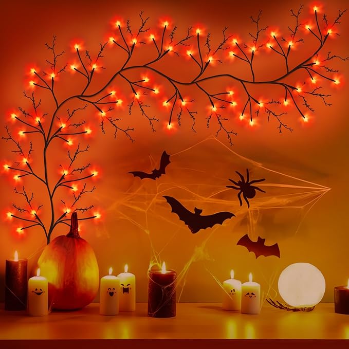 7 Ft Halloween Decorations Willow Vine Twig Garland with 8 Modes Timer 63 LED Orange Lights, Halloween Garland with Waterproof Battery Operated for Wall Fireplace Decorations Indoor Outdoor