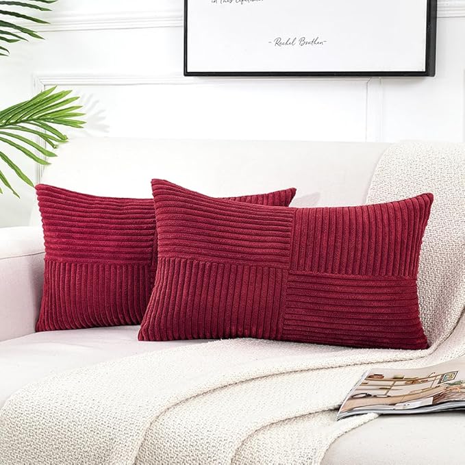 Fancy Homi 2 Packs Burgundy Long Lumbar Decorative Throw Pillow Covers 12x24 Inch for Couch Bed Sofa, Rustic Farmhouse Boho Home Decor, Soft Striped Corduroy Rectangle Accent Cushion Case 30x60 cm