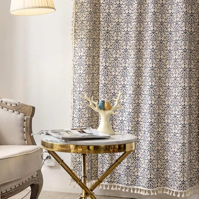 Sutuo Home Boho Curtain 84 Inches Length Semi-Blackout Bohemian Damask Moroccan Florals Print Darkening Curtains Tassels, Rod Pocket Window Treatment Drapes for Bedroom, 1 Panel 59" W x 84" L, Blue
