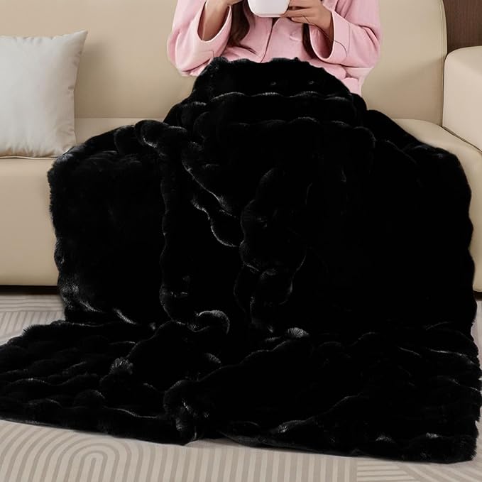 Faux Fur Black Thick Soft Throw Blanket 60X80 for Bed Couch Gift Office Chair Bunny Faux Rabbit Fur Blanket Decorative Warm Throw Blanket 860 GSM