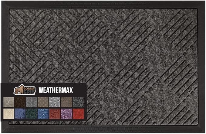 GORILLA GRIP 100% Waterproof All-Season WeatherMax Doormat, 60x24, US Designed Natural Rubber, Stain and Fade Resistant, Low Profile Indoor Outdoor Door Mats, Easy Clean Patio Mat, Gray Diamond