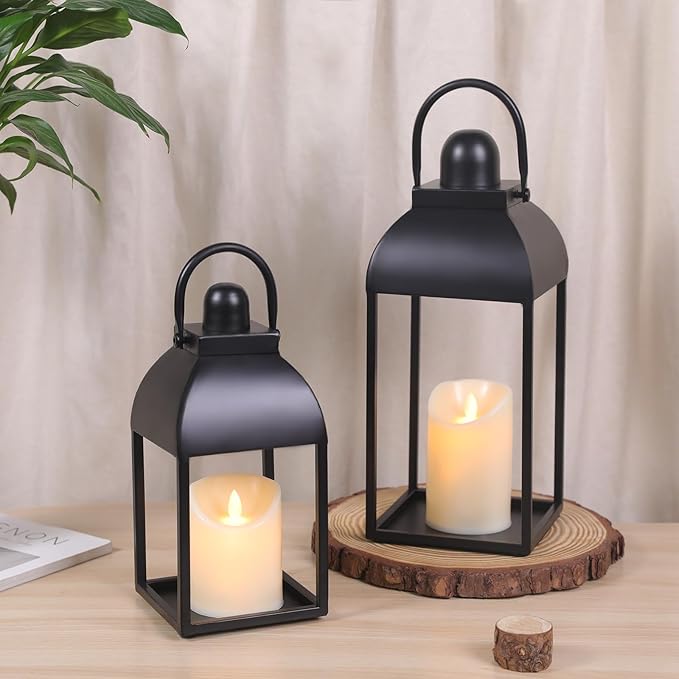 Lanterns Decorative Indoor Outdoor 15" 11" Set of 2 Lantern Decor Black Metal Candle Lanterns with Flameless Candles, Outdoor Lanterns for Porch Patio Wedding Mantle Home Decor