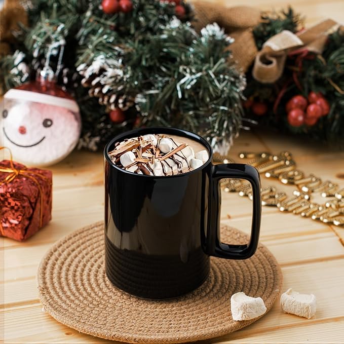 E-liu Porcelain Tea Mugs Coffee Mug Set, Large 15 Ounces Cups for Coffee, Tea, Cocoa, and Mulled Drinks, Set of 6, Black