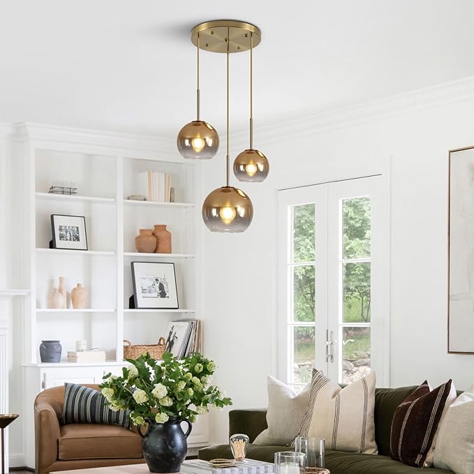 KCO Lighting Gold Cluster Pendant 3-Light Large Glass Pendant Lights Kitchen Island Bubble Globe Chandelier Mid Century Modern Hanging Light