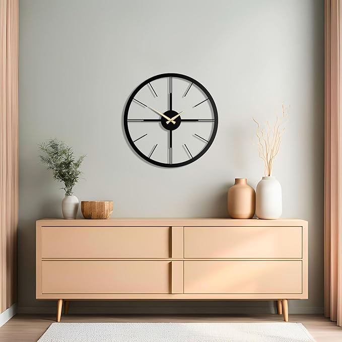 pluviart Rain Minimalist Metal Wall Clock, Modern Black Metal Wall Clock, Silent Non-Ticking Decorative Clock for Living Room, Kitchen, Office, Industrial-Style Wall Decor, Easy to Hang (19,3")